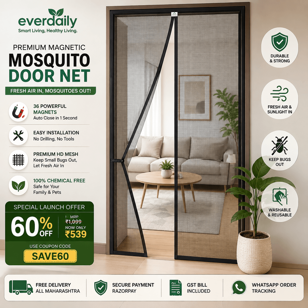 Magnetic mosquito door net mesh installed in living room doorway