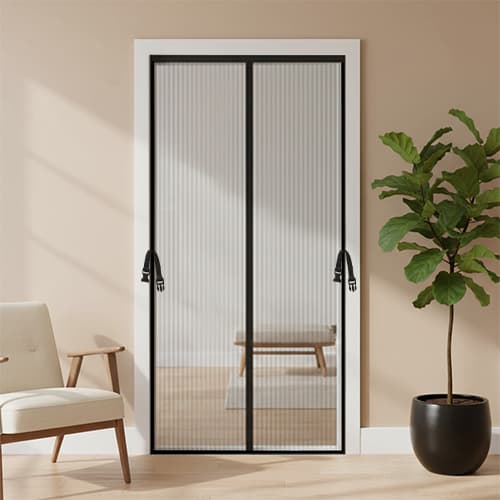 Magnetic mosquito door net mesh installed in living room doorway