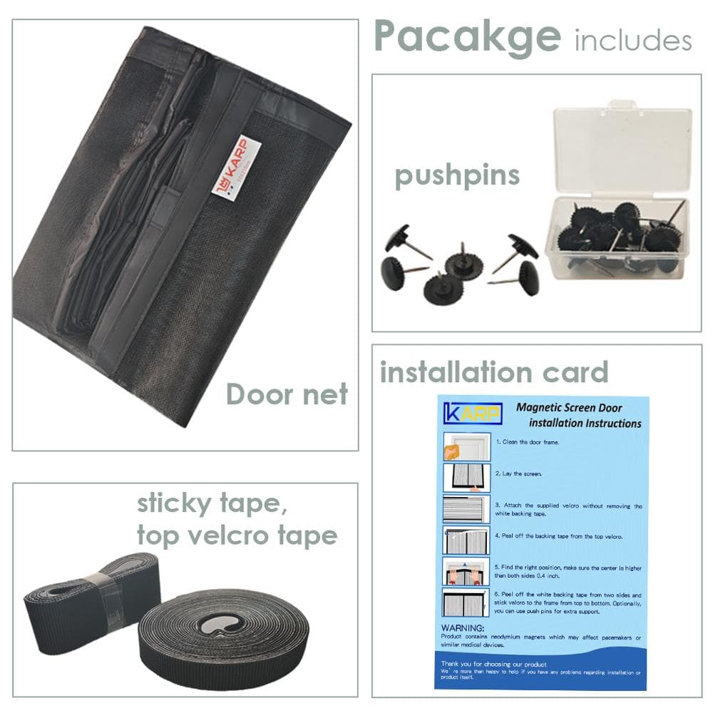 Package includes door net, push pins, Velcro tapes and instructions