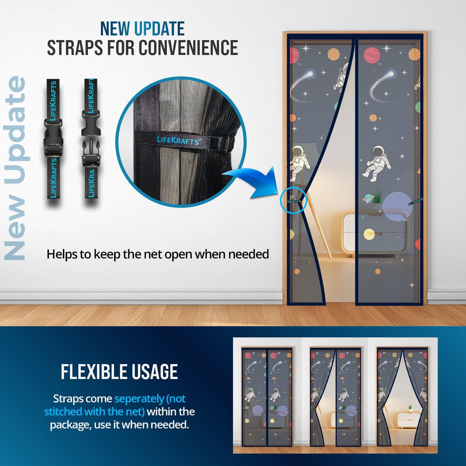 LifeKrafts stay-open straps for magnetic mosquito door net